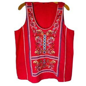 Tolani Floral Embroidered Tank Womens Size XL Watermelon Pink Boho Cotton Top